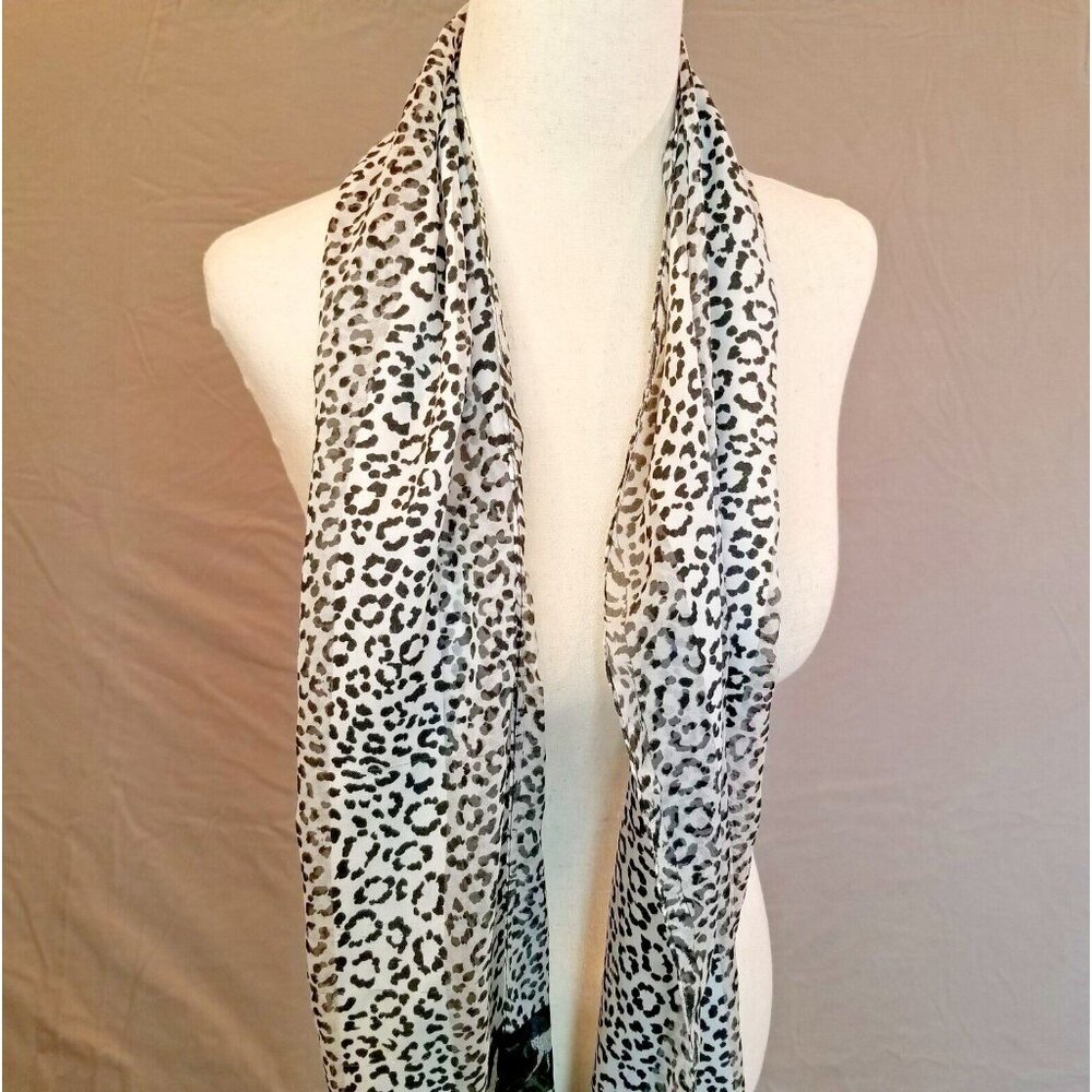 Scarf Women Wrap Rectangle Leopard Animal Print Black White 12 x 61 Cheetah Cat - Picture 2 of 12